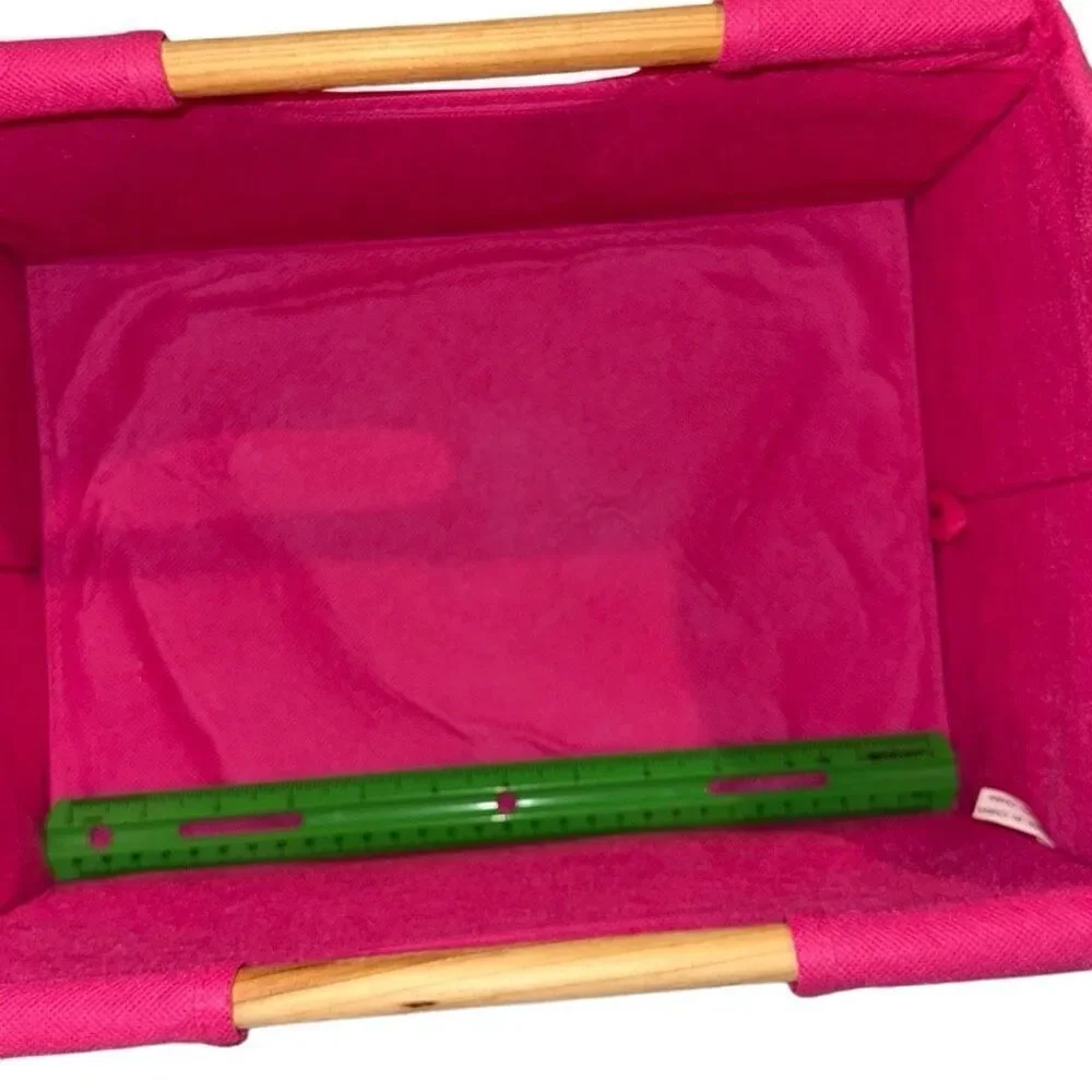Pink Foldable Storage Bin With Wooden Carry Handles 13